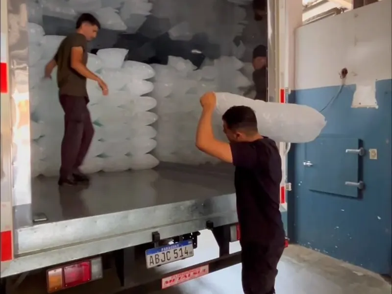 Bolsas de hielo cargadas en el camión refrigerado de AspiBlock desde la cámara de frío